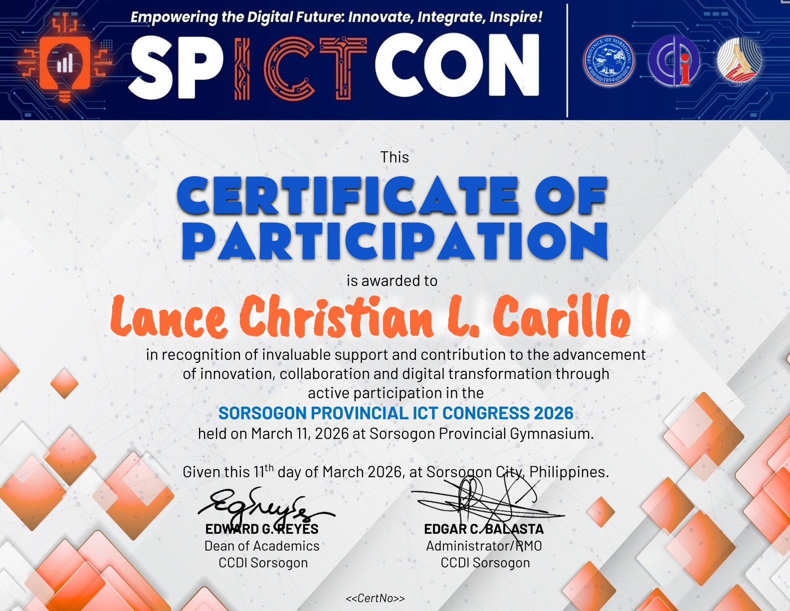 Sorsogon Provincial ICT Congress 2026 Certificate
